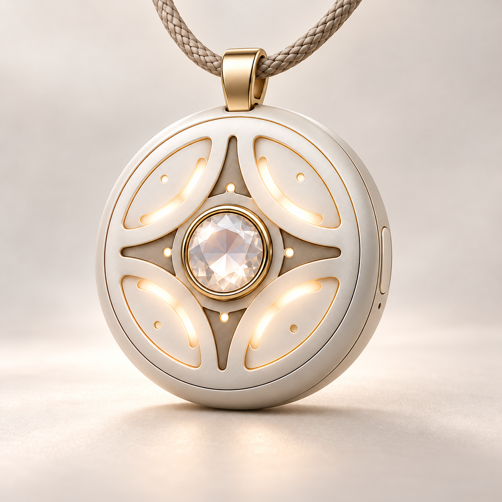 Reworked Mandala Breeze pendant, pearl-white and gold front view