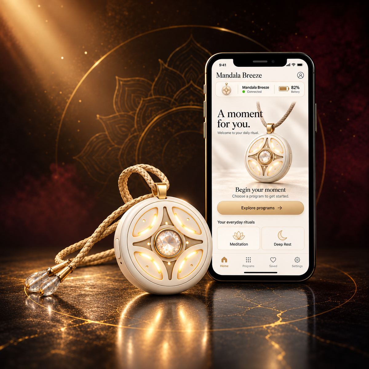 New Mandala Breeze pendant and companion application on a golden mandala background