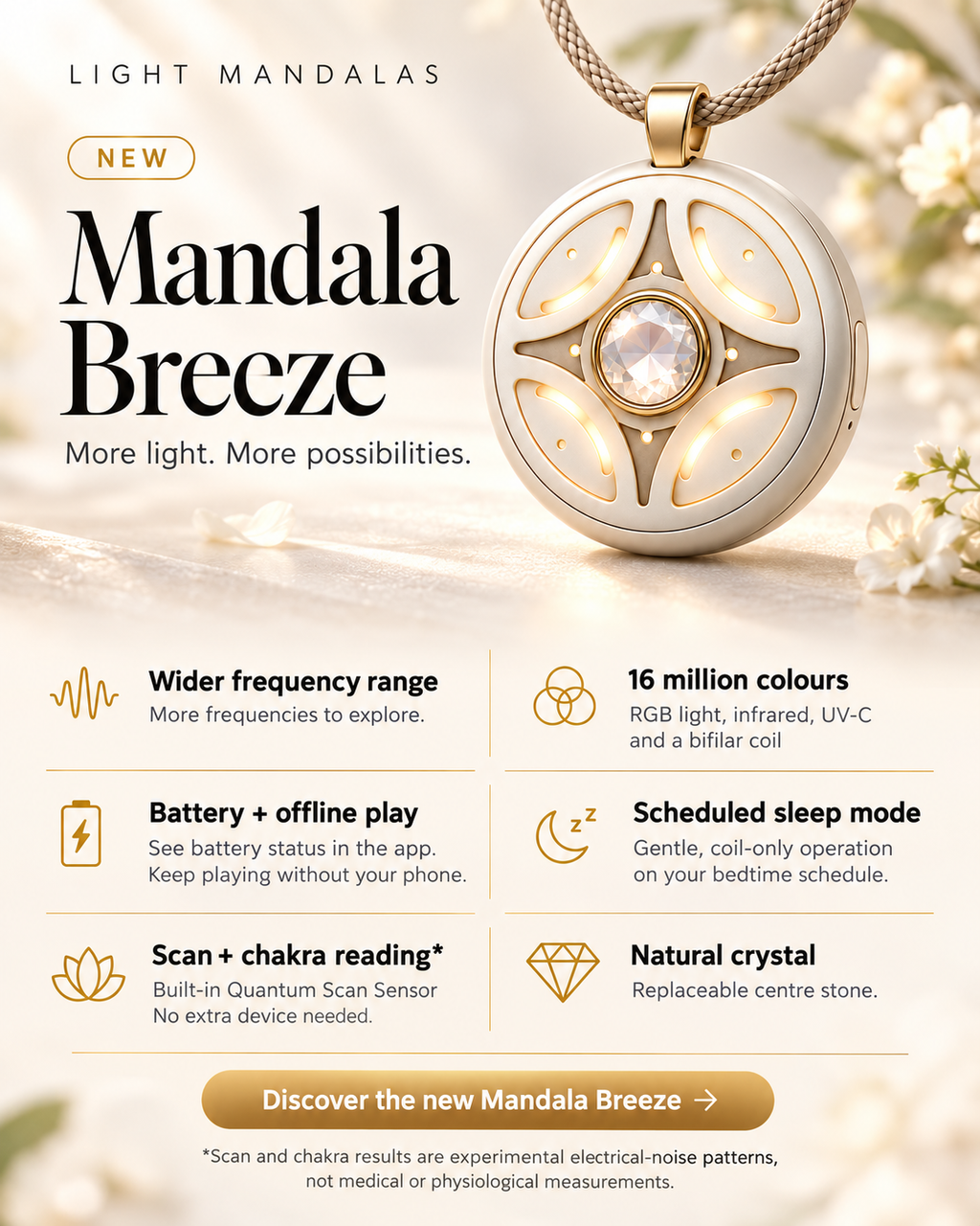 New Mandala Breeze features: offline playback, scheduled sleep mode, replaceable natural crystal and experimental scan patterns